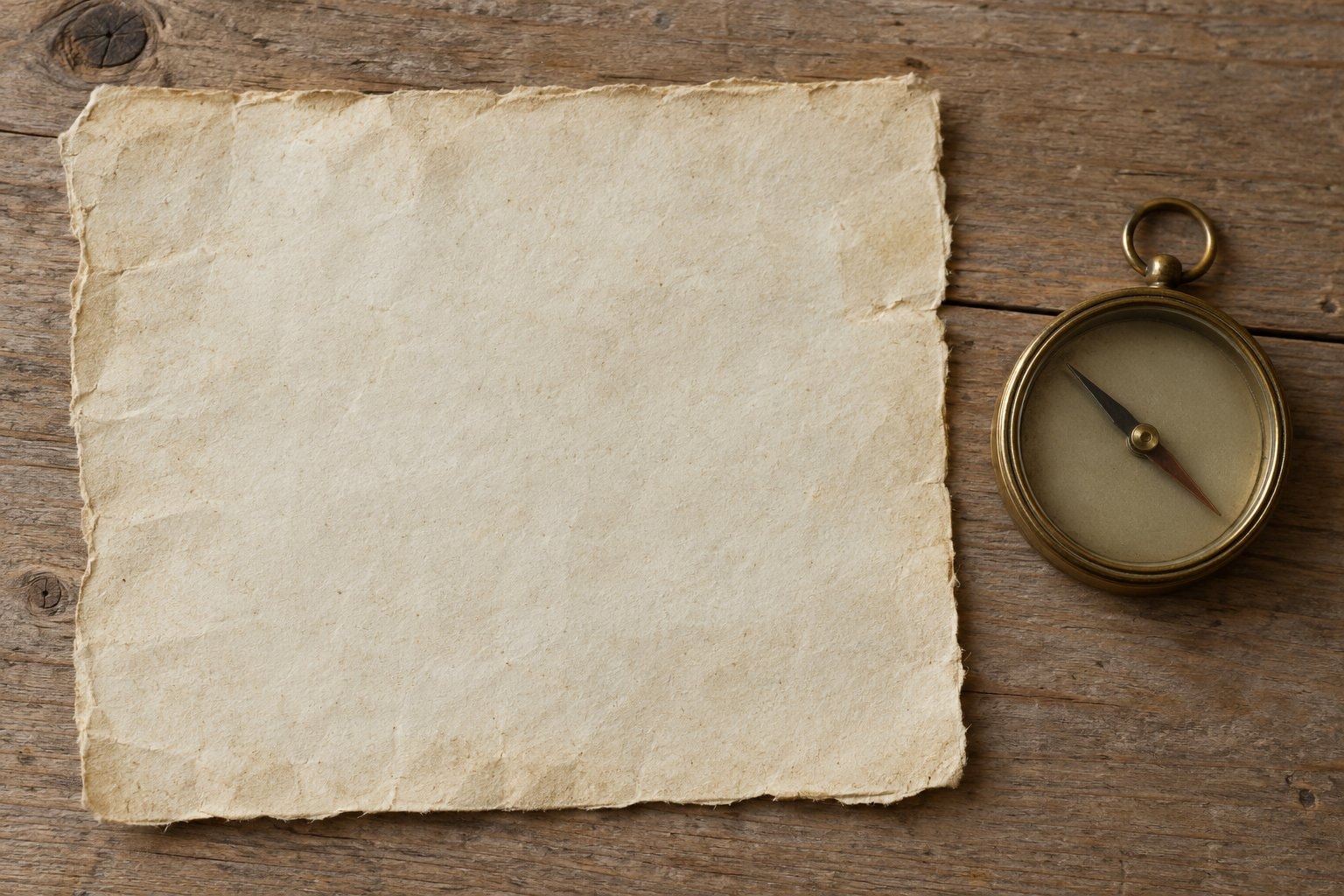 Blank weathered paper beside a plain brass compass.