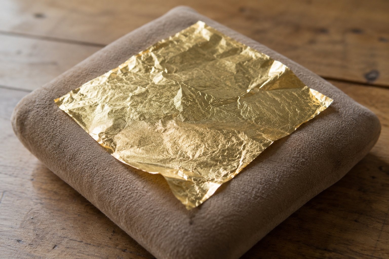 A thin sheet of gold leaf resting on a plain pad.