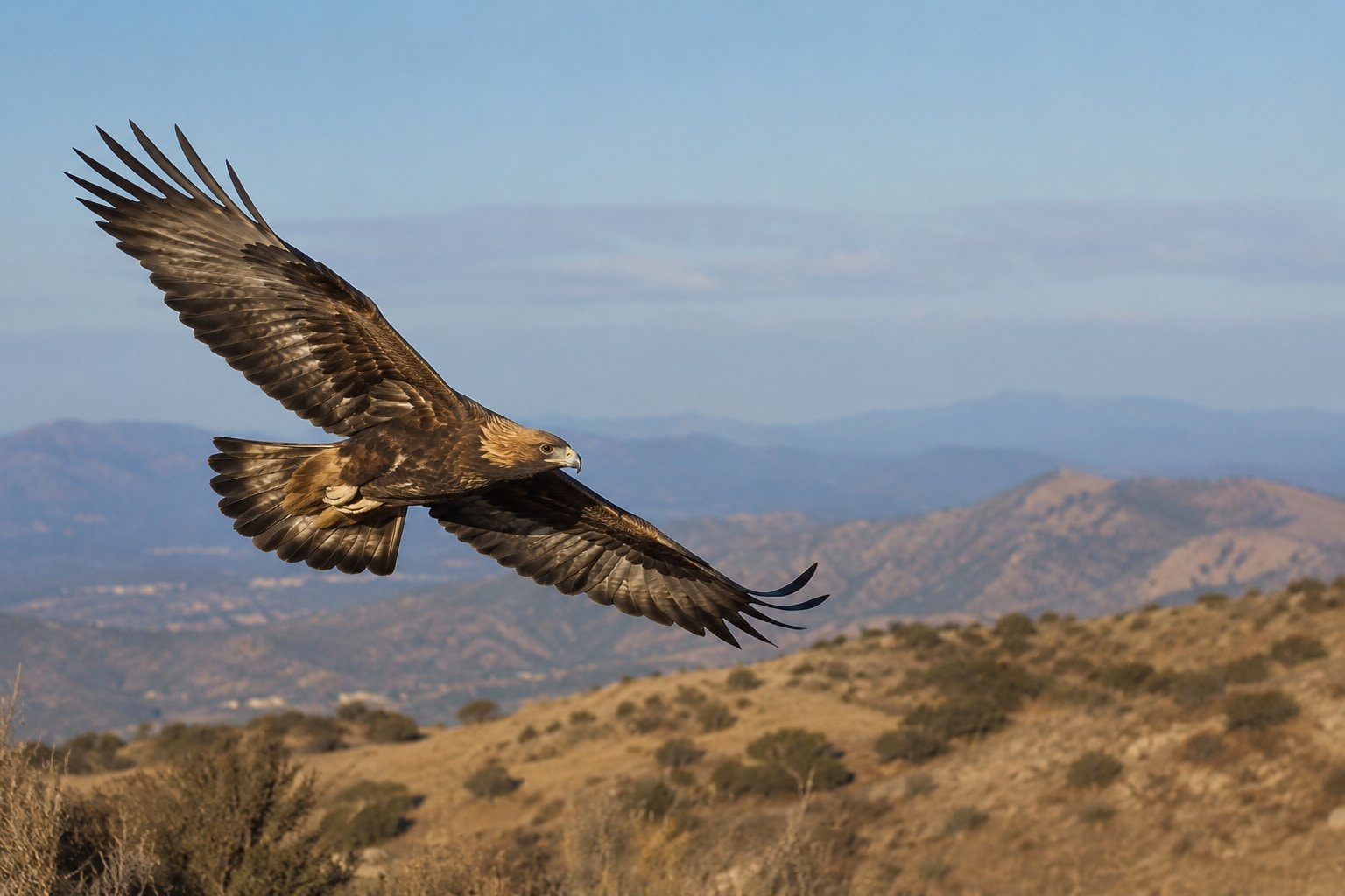 A golden eagle flying above dry inland hills.