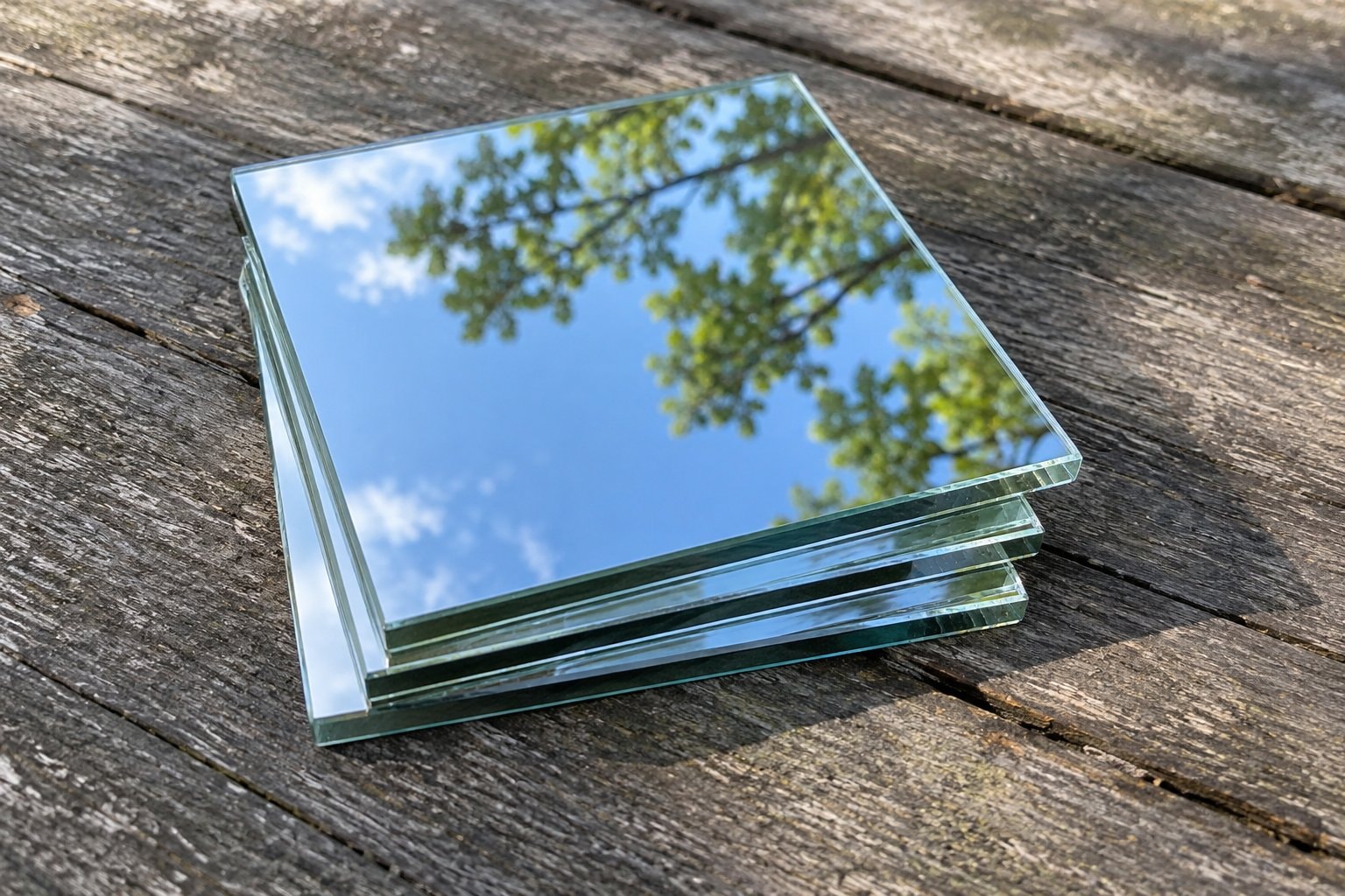 Plain mirror tiles reflecting blue sky and branches.