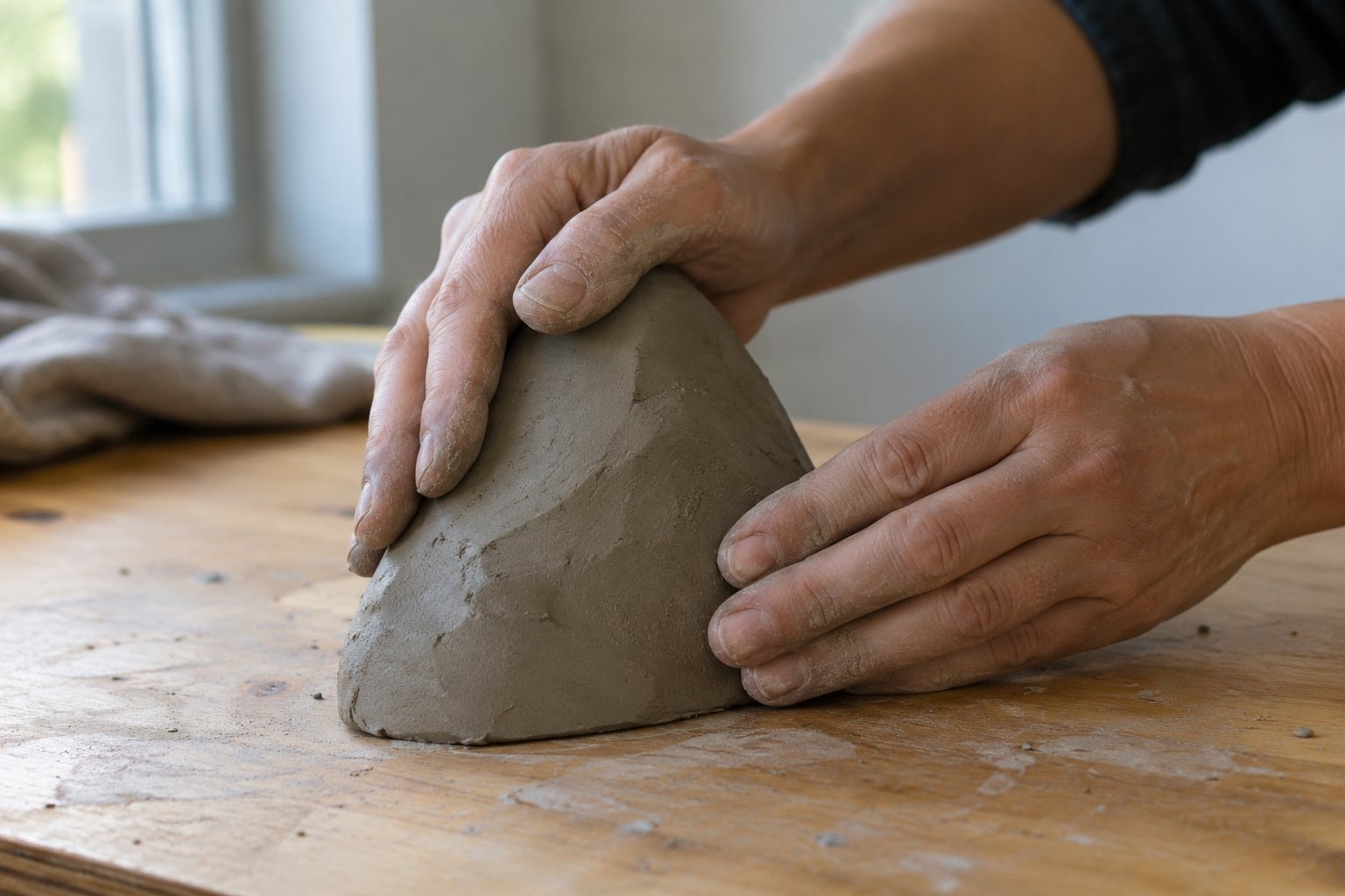 Hands shaping a plain clay form on a wooden workbench.