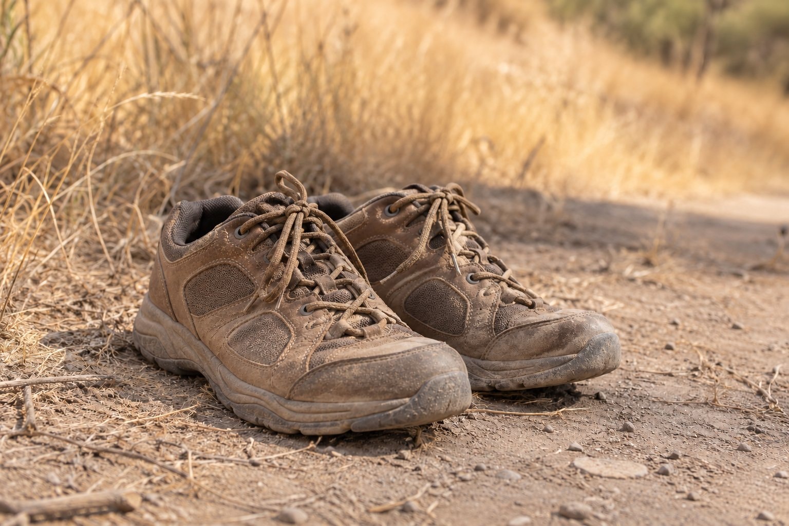 Well-worn walking shoes resting on a dusty path.